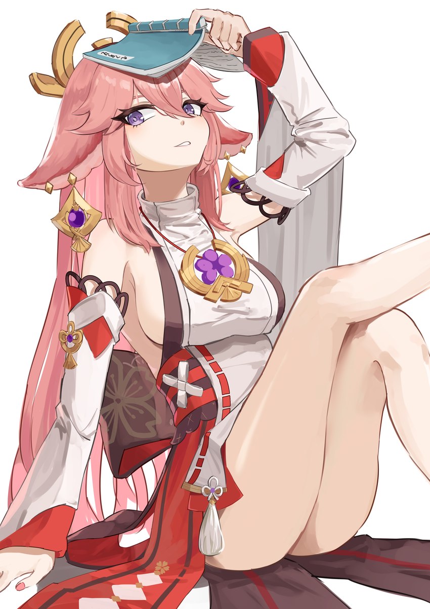 armwear asian_clothing book breasts clothing detached_sleeves ear_piercing east_asian_clothing eyelashes female hair holding_book holding_object japanese_clothing long_hair nontraditional_miko object_on_head piercing pink_hair purple_eyes side_boob sidelocks simple_background sitting solo white_background nuinu2881 genshin_impact mihoyo yae_miko animal_humanoid canid canid_humanoid canine canine_humanoid fox_humanoid humanoid mammal mammal_humanoid 2025 absurd_res hi_res