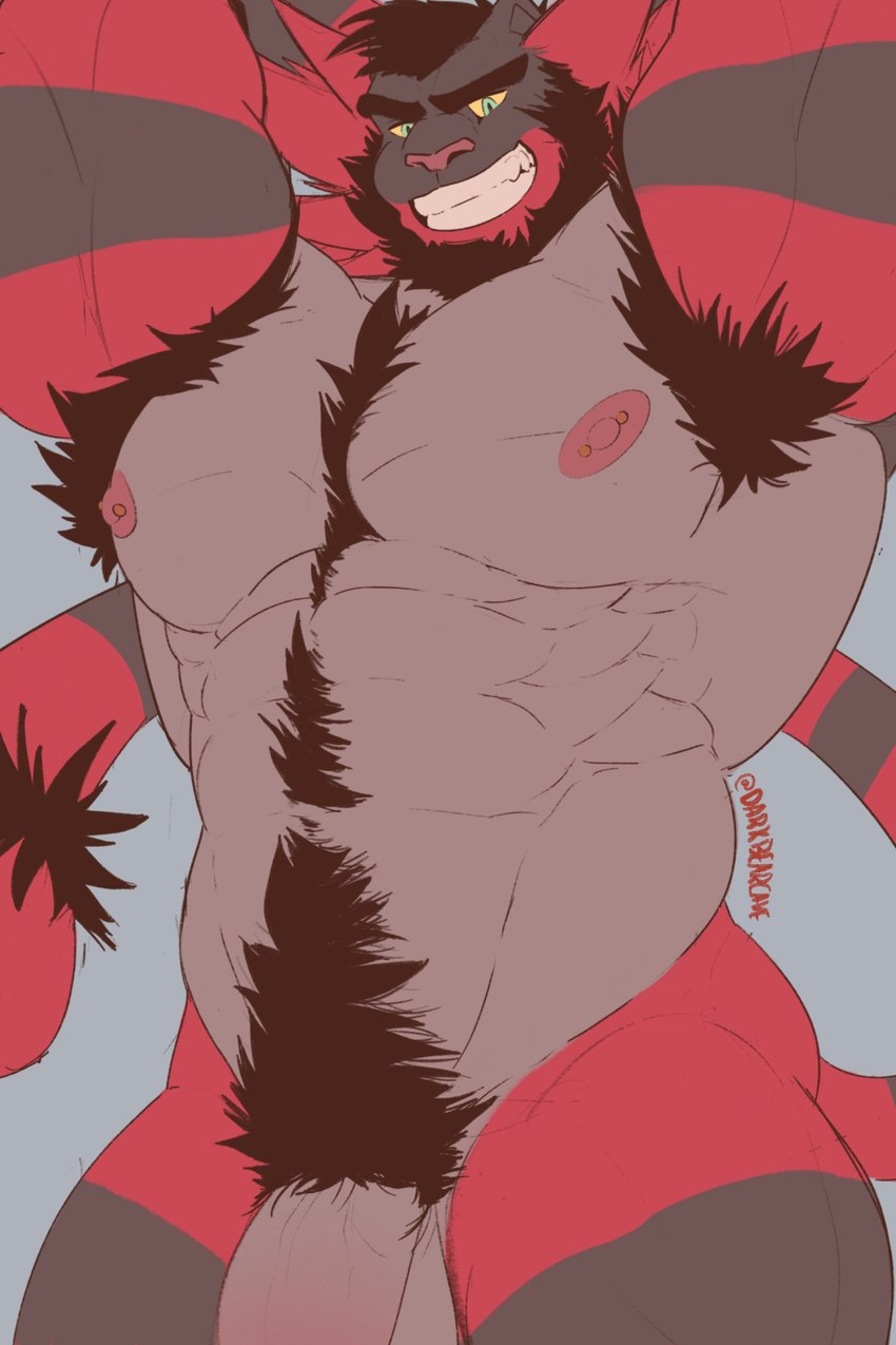 abs anthro armpit_hair barbell_piercing beard biceps black_hair blue_eyes bodily_fluids body_hair breath chest_tuft eyebrows facial_hair fur genitals grey_body grey_fur hair hands_behind_head happy_trail looking_at_viewer male multicolored_body multicolored_fur muscular muscular_anthro nipple_barbell nipple_piercing nipples nude obliques pecs penis piercing pubes red_body red_fur serratus smile solo sweat tail tail_tuft thick_eyebrows tuft vein yellow_sclera darkbearcave nintendo pokemon felid feline generation_7_pokemon incineroar mammal pokemon_(species) 2023 2:3 artist_name hi_res