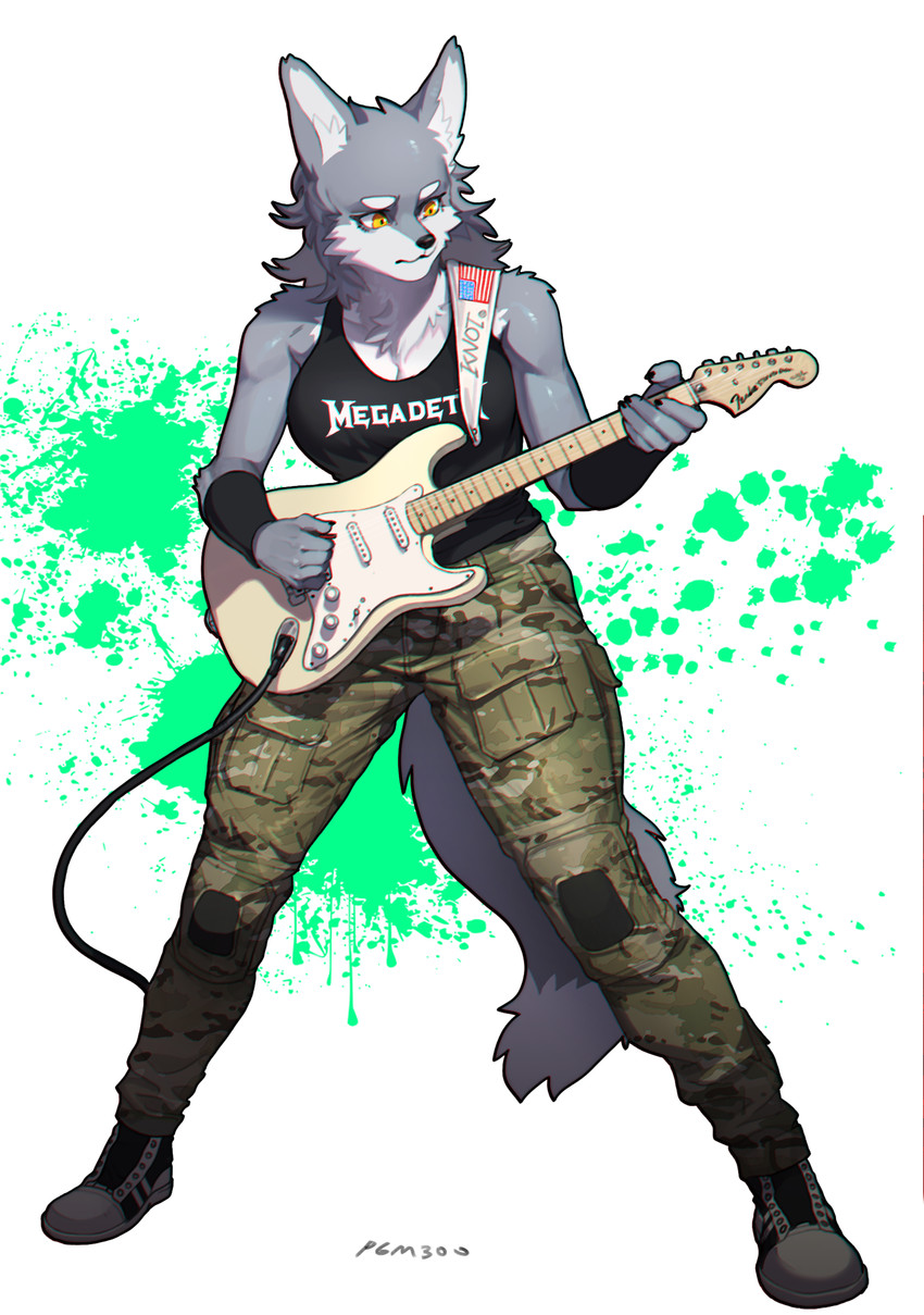 american_flag anthro armwear biped breasts camo camo_clothing camo_print chromatic_aberration claws clothed clothing countershading electric_guitar eyebrows female finger_claws footwear fully_clothed fur grey_body grey_fur guitar hair inner_ear_fluff long_hair medium_breasts multicolored_body multicolored_fur musical_instrument neck_tuft orange_eyes pattern_clothing playing_guitar playing_music plucked_string_instrument shirt shoes simple_background solo standing string_instrument tank_top text text_on_clothing text_on_shirt text_on_tank_top text_on_topwear tomboy topwear tuft two_tone_body two_tone_fur united_states_of_america white_body white_fur pgm300 fender_musical_instruments_corporation megadeth stratocaster cervina canid canine canis mammal wolf absurd_res digital_media_(artwork) english_text hi_res shaded signature