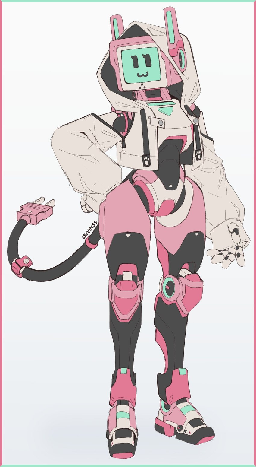 5_fingers :3 ambiguous_gender cable cable_tail clothing female fingers hoodie jacket machine not_furry pink_body simple_background solo topwear white_background auveiss humanoid robot robot_humanoid 2025 digital_media_(artwork) hi_res signature