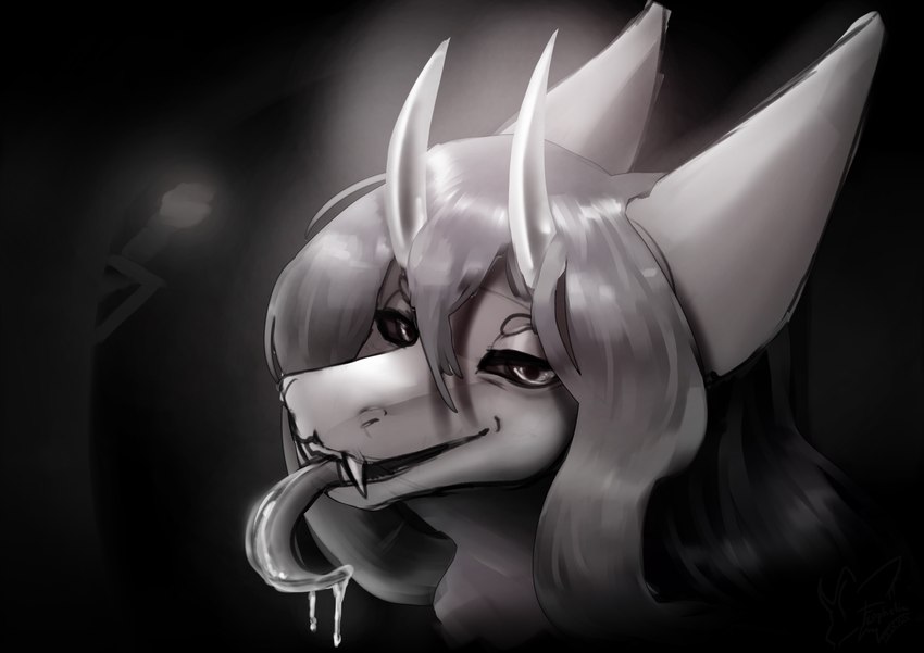 bodily_fluids drooling female hair horn long_hair long_tail looking_at_viewer saliva saliva_on_tongue saliva_string simple_background smile smiling_at_viewer tail tongue flophelia alien thesium absurd_res hi_res monochrome intersex_(lore)