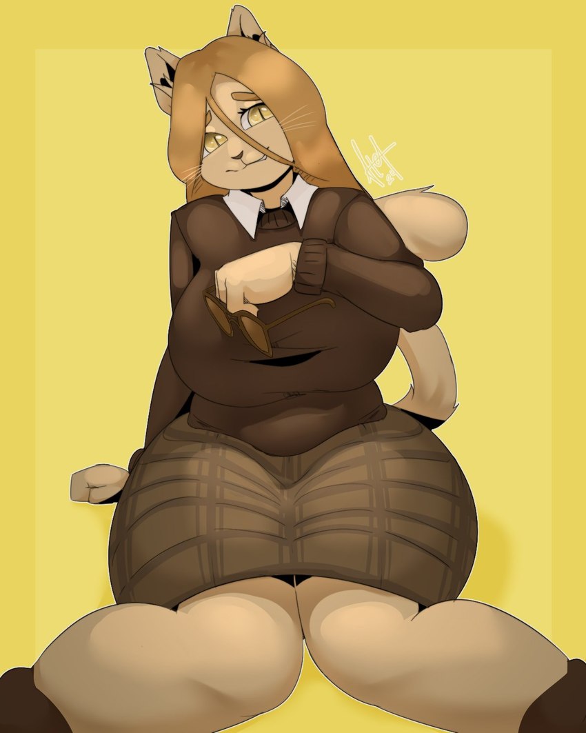 anthro big_breasts bottomwear breasts clothed clothing dress ears_up eyewear feet female fingers fluffy fluffy_tail footwear fur glasses hair hair_over_face head_tilt holding_object huge_breasts inner_ear_fluff long_hair looking_at_viewer pattern_clothing shirt shoes simple_background sitting skirt slightly_chubby slightly_chubby_female smile solo sweater tail text thick_thighs topwear tuft undershirt whiskers wide_hips yellow_eyes afelwft on_your_tail cat_girl_(on_your_tail) domestic_cat felid feline felis mammal 4:5 colored digital_media_(artwork) hi_res shaded signature