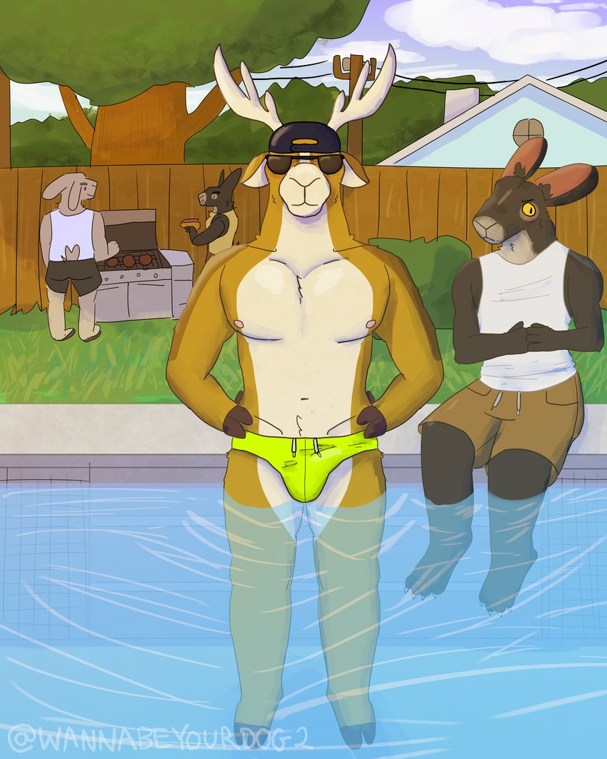 anthro antlers athletic backwards_hat backyard barbecue biped blush body_hair bottomwear building bulge burger cargo_shorts clothed clothing cloven_hooves detailed_background detailed_bulge drawstring embarrassed eyewear food genital_outline green_clothing green_speedo green_swimwear grill group hands_on_hips happy_trail hat headgear headwear hooves horn hot_dog house looking_away male male_anthro muscular nipples outside pecs penis_outline plant plantigrade pool power_lines shirt shorts sky speedo speedo_only standing summer sunglasses swimwear tail tank_top topless topwear tree water wannabeyourdog2 miller_(wannabeyourdog2) reece_(wannabeyourdog2) deer lagomorph leporid mammal rabbit absurd_res hi_res story story_in_description