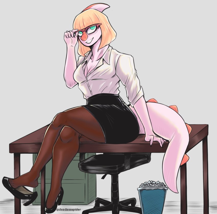 5_fingers anthro bangs blonde_hair bone_frill bottomwear breasts chair cleavage clothed clothing crossed_legs desk dress_shirt eyewear feet female filing_cabinet fingers footwear frill_(anatomy) furniture glasses green_eyes grin grinning_at_viewer hair heelpop high_heels humanoid_feet leggings legwear long_tail looking_at_viewer loose_footwear office_chair open_clothing open_shirt open_topwear orange_body plantigrade rolled_up_sleeves shirt shoe_dangle shoes simple_background sitting_on_desk skirt smile solo spiked_tail spikes spikes_(anatomy) table tail topwear trash white_body deadassspider goodbye_volcano_high naomi_(gvh) dinosaur hadrosaurid ornithischian ornithopod parasaurolophus prehistoric_species reptile scalie colored hi_res