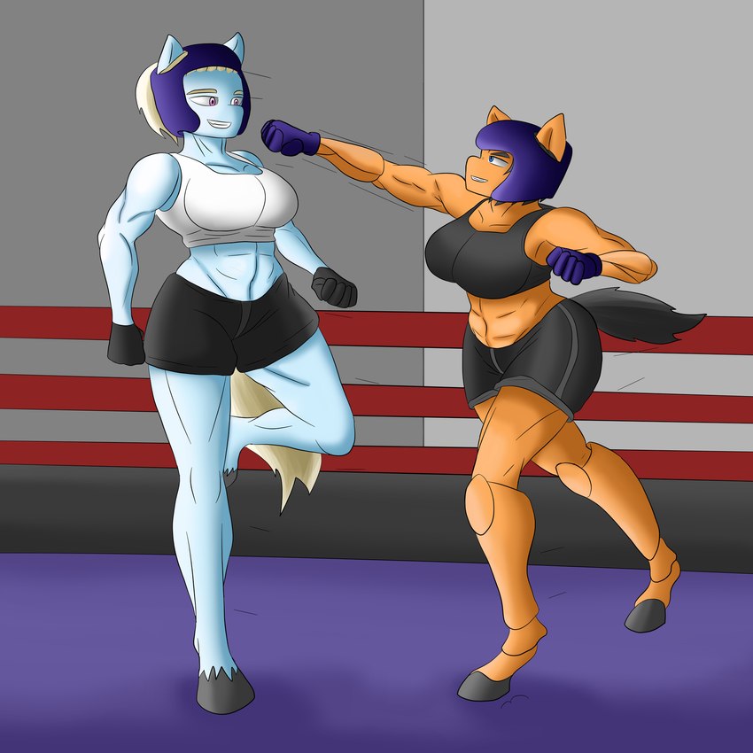 anthro blonde_hair blue_body blue_fur bottomwear boxing bra clothing duo female fighting_ring fur hair muscular muscular_female orange_body orange_fur punch purple_hair shorts sport sports_bra underwear arisenleaf fluffy_pony cloe_(arisenleaf) fluffy_pony_(species) mammal 1:1 hi_res