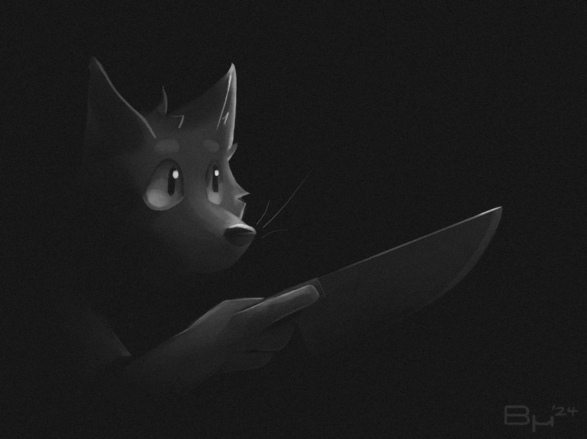 ambiguous_gender anthro black_background bodyless glistening glistening_eyes head_tuft holding_knife holding_object knife minimalism minimalist minimalistic noise_filter simple_background solo tuft whiskers bruno_borker ambiguous_species hi_res monochrome