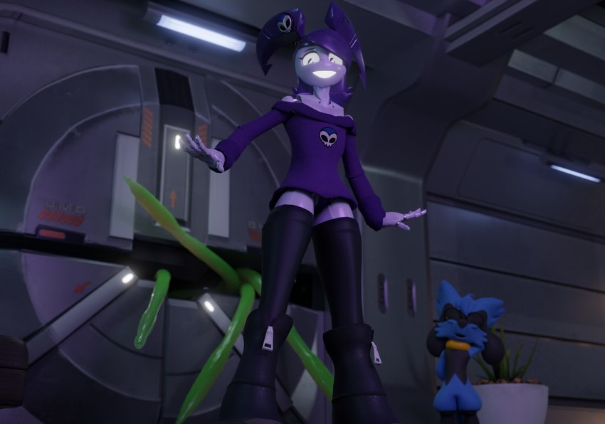 anthro blue_body blue_fur clothed clothing cosplay duo female fur green_tentacles hair laboratory machine male male/female not_furry open_mouth purple_clothing purple_hair smile sweater tentacles topwear riolukidd my_life_as_a_teenage_robot nickelodeon nintendo pokemon warfare_machine jenny_wakeman jenny_wakeman_(warfaremachine) riolukid zone-tan android canid canine generation_4_pokemon humanoid mammal pokemon_(species) riolu robot robot_humanoid 3d_(artwork) blender_(artwork) digital_media_(artwork) hi_res