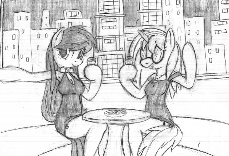 anthro anthrofied breasts city clothed clothing dress duo female furniture hair horn long_hair table tail tg-0 friendship_is_magic hasbro my_little_pony mythology octavia_(mlp) vinyl_scratch_(mlp) earth_pony equid equine horse mammal mythological_creature mythological_equine pony unicorn monochrome