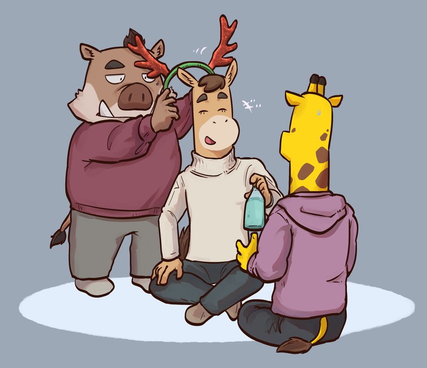 anthro bottomwear brown_body clothing eyes_closed group holidays hoodie male overweight overweight_male pants sitting sweater topwear yellow_body saturn_ribbon christmas odd_taxi atsuya_baba_(odd_taxi) kensuke_shibagaki_(odd_taxi) satoshi_nagashima_(odd_taxi) equid equine giraffe giraffid horse mammal suid suina sus_(pig) wild_boar 2021 hi_res