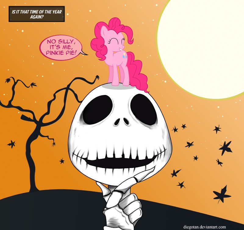 bone cutie_mark dialogue duo falling_leaves female feral holidays leaf moon plant skeleton skull star text tree wood diegotan friendship_is_magic halloween hasbro my_little_pony the_nightmare_before_christmas jack_skellington pinkie_pie_(mlp) animated_skeleton earth_pony equid equine horse mammal pony undead 2012 crossover english_text hi_res url