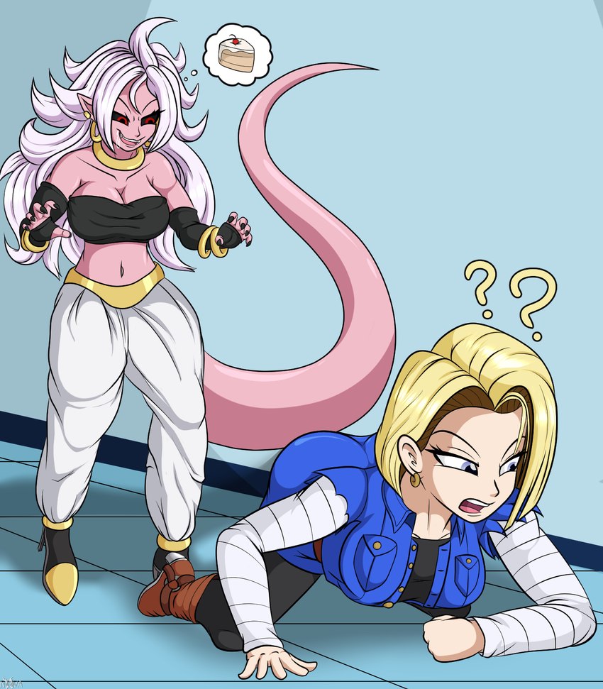 andoid_21 big_breasts black_sclera blonde_hair blue_eyes breasts butt clothed clothing duo ear_piercing female hair humanoid_pointy_ears imminent_vore long_hair not_furry piercing pink_body pink_skin pointy_ears red_eyes white_hair novaspark dragon_ball dragon_ball_fighterz dragon_ball_z android_18 android_21 majin_android_21 alien alien_humanoid human humanoid majin mammal hi_res