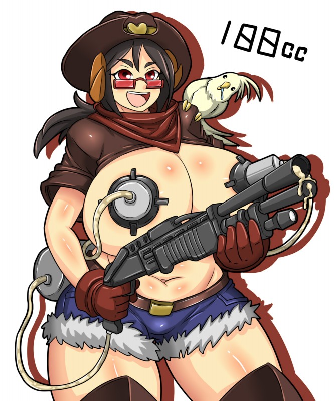 big_breasts black_hair bodily_fluids bottomwear breast_milking breasts clothed clothing clothing_lift cutoffs daisy_dukes denim denim_bottomwear denim_clothing drooling duo eyewear female feral gun hair hat headgear headwear holding_gun holding_object holding_ranged_weapon holding_shotgun holding_weapon horn hotpants huge_breasts kerchief lactating machine milk milk_squirt_gun milking_machine navel neckerchief neckwear nipples outline partially_clothed raised_clothing raised_shirt raised_topwear ranged_weapon red_eyes saliva shirt shirt_lift shorts shotgun simple_background topwear weapon white_background dr.bug animal_humanoid avian bird bovid bovid_humanoid bovine bovine_humanoid humanoid hybrid mammal mammal_humanoid parrot 5:6 digital_media_(artwork) hi_res