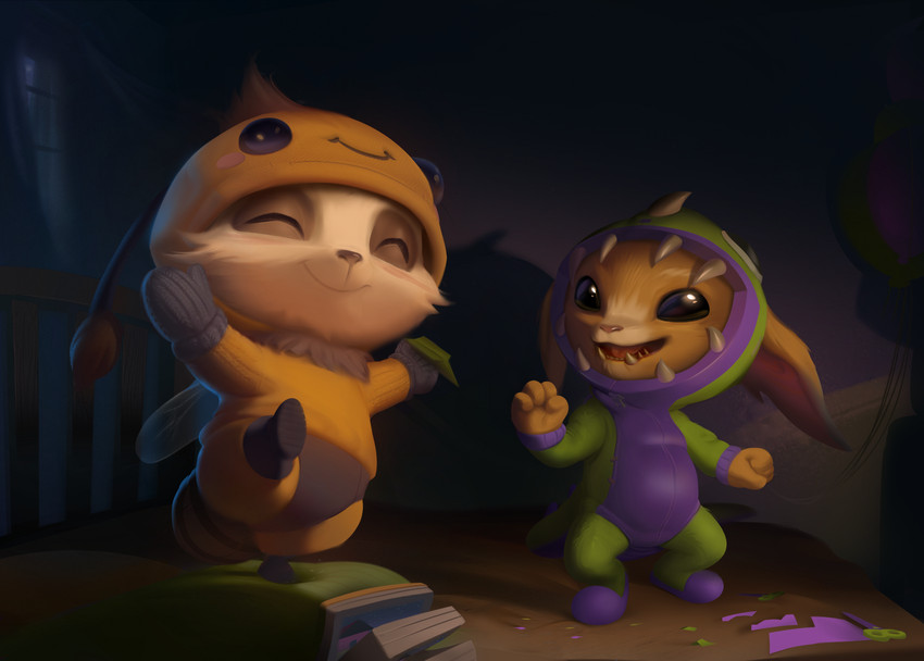 anthro bee_costume book clothing costume cushion dark_room duo eyes_closed male one_leg_up open_mouth paper raised_leg scissors smile standing teeth tongue young young_anthro young_male felyn league_of_legends riot_games tencent beemo gnar_(lol) teemo_(lol) yordle hi_res