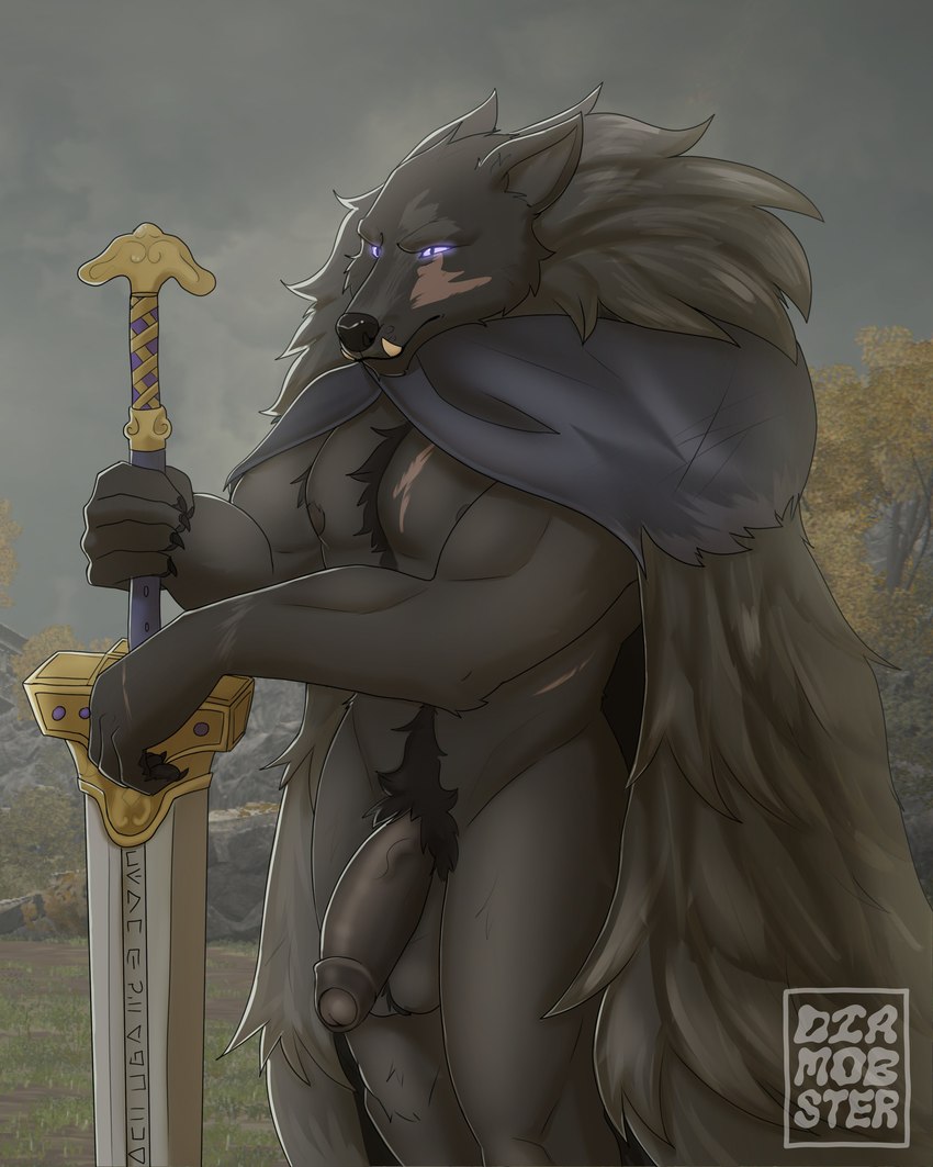 anthro armpit_hair ball_tuft balls biped black_body black_fur black_penis body_hair cape chest_tuft clothing facial_scar fangs foreskin fur genitals greatsword happy_trail holding_melee_weapon holding_object holding_sword holding_weapon humanoid_genitalia humanoid_penis male melee_weapon nipples outside penis purple_eyes scar screencap screencap_background solo standing sword teeth tuft weapon diamobster elden_ring fromsoftware blaidd_(elden_ring) canid canine canis mammal wolf 2022 4:5 absurd_res digital_media_(artwork) hi_res