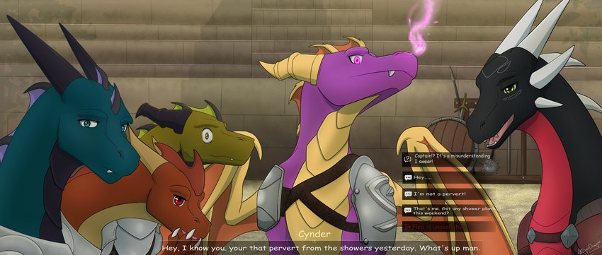angry armor cadet choose_your_own_adventure dialogue female feral group horn knight mace male melee_weapon polearm shield spear sword text training warrior weapon wings apollyondragon activision mythology spyro_the_dragon cynder fan_character spyro dragon mythological_creature mythological_scalie scalie 2023 digital_drawing_(artwork) digital_media_(artwork) hi_res signature