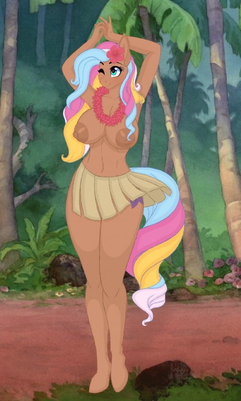 accessory aged_up anthro anthrofied big_breasts breasts brown_body clothed clothing cutie_mark dancing female floral flower flower_accessory flower_garland flower_hair_accessory flower_in_hair garland grass_skirt hair hair_accessory hula lei mane multicolored_mane multicolored_tail nipples one_eye_closed plant pre-g4 solo tail topless wide_hips cocaine-leopard conditional_dnp hasbro mlp_g1 my_little_pony my_little_pony_tales moki_sunbright equid equine horse mammal pony hi_res
