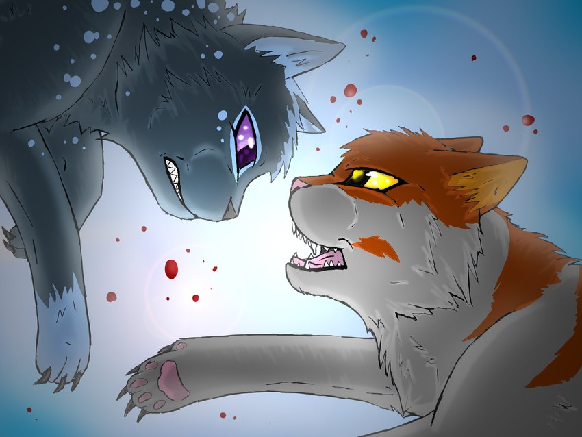 ambiguous_gender angry blood blood_drop blue_background blue_body blue_fur blue_inner_ear bodily_fluids claws clenched_teeth duo feral fight fur grey_body grey_claws grey_fur grey_nose open_mouth orange_body orange_fur orange_inner_ear pawpads pink_nose pink_pawpads pink_tongue purple_eyes simple_background snarling teeth tongue white_body white_fur yellow_eyes duckfeatherz domestic_cat felid feline felis mammal 2011 4:3 adobe_photoshop_(artwork) digital_drawing_(artwork) digital_media_(artwork) hi_res shaded