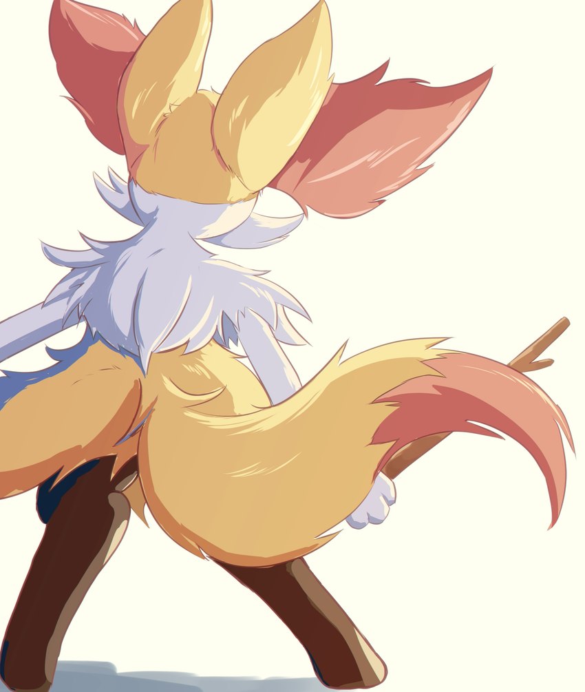 ambiguous_gender anthro brown_body brown_fur facing_away_from_viewer fur holding_object inner_ear_fluff looking_away orange_body orange_fur rear_view shadow simple_background solo standing stick tuft wand white_background white_body white_fur yellow_body yellow_fur floameya nintendo pokemon braixen canid canine generation_6_pokemon mammal pokemon_(species) 2025 hi_res