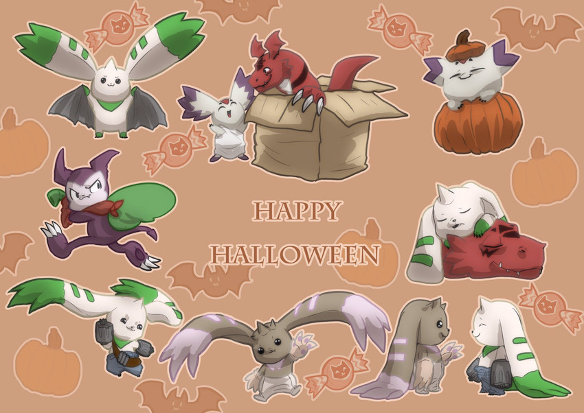 bag black_markings black_nose box brown_body candy claws clothing container costume dessert feral food fruit green_markings holidays horn markings multi_horn orange_background pink_markings plant pumpkin purple_body purple_markings red_body simple_background sleeping tan_body teeth white_body jessielovett8 bandai_namco digimon halloween bat calumon digimon_(species) guilmon imp impmon lagomorph lopmon mammal reptile scalie terriermon 2019 hi_res