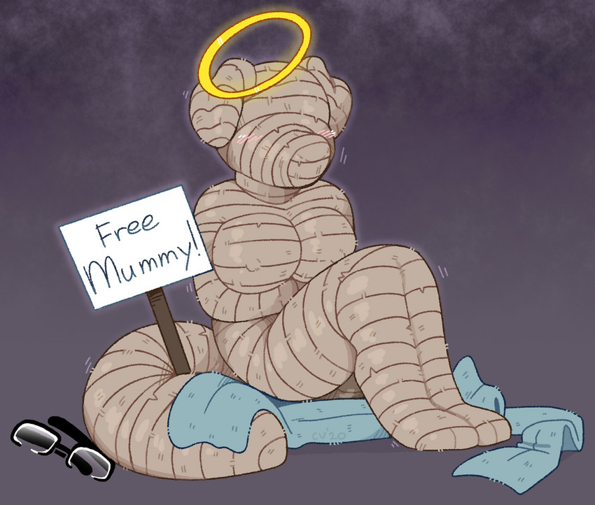 anthro big_breasts blush bound breasts eyewear female glasses halo mummified nipple_outline nipples scarf sign simple_background sitting solo tail text wraps crownedvictory nom_(themostrealdeal) ambiguous_species mummy undead 2020 english_text hi_res