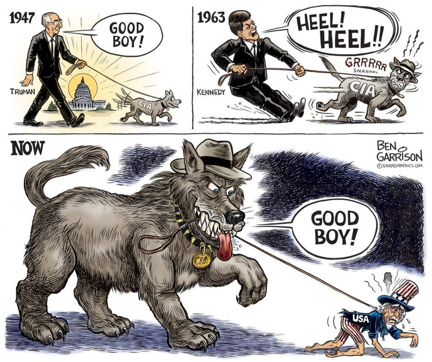 ambiguous_gender bestiality brown_body brown_fur clothing collar crawling dominant dominant_ambiguous dominant_feral duo feral feral_dominating_human fur good_boy growth hat headgear headwear holding_leash holding_object human_on_feral interspecies leash leashed_collar male political_cartoon politics role_reversal size_difference spiked_collar spikes submissive submissive_human submissive_male suit teeth text top_hat united_states_of_america ben_garrison cia harry_s._truman john_f._kennedy uncle_sam canid canine canis domestic_dog human mammal comic english_text meme