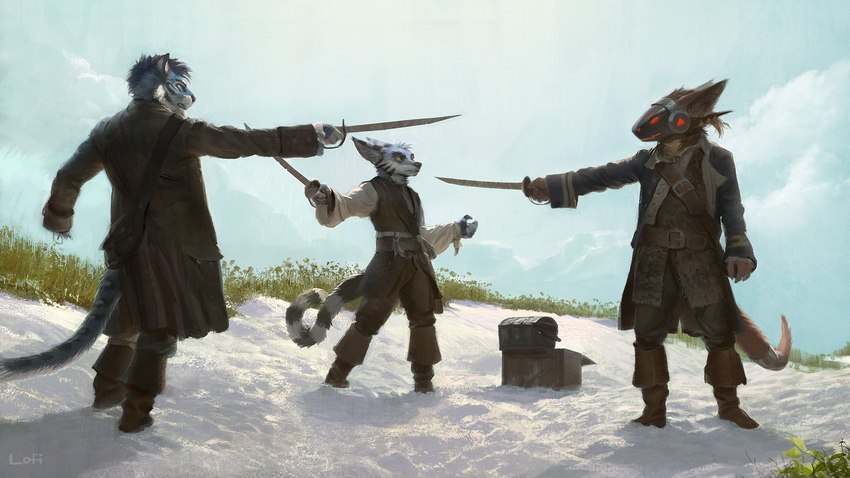 anthro black_nose clothed clothing cloud day detailed_background fully_clothed grass group holding_object holding_weapon machine male markings melee_weapon mexican_standoff outside pirate plant sand screen screen_face sky standing striped_markings striped_tail stripes sword tail tail_markings treasure_chest trio weapon lofi disney pirates_of_the_caribbean felid lemur mammal pantherine primate procyonid protogen robot strepsirrhine tiger 16:9 2019 digital_media_(artwork) hi_res widescreen