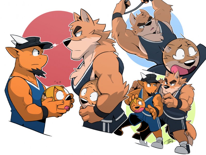 anthro biceps blue_eyes bottomwear chest_tuft clothing facial_hair fur goatee hat headgear headwear male muscular muscular_male pecs shirt shorts sweatband tail tank_top topwear tuft hikazedragon mythology hikaze_(character) otake takemoto canid canine canis domestic_dog dragon mammal mythological_creature mythological_scalie scalie 2017