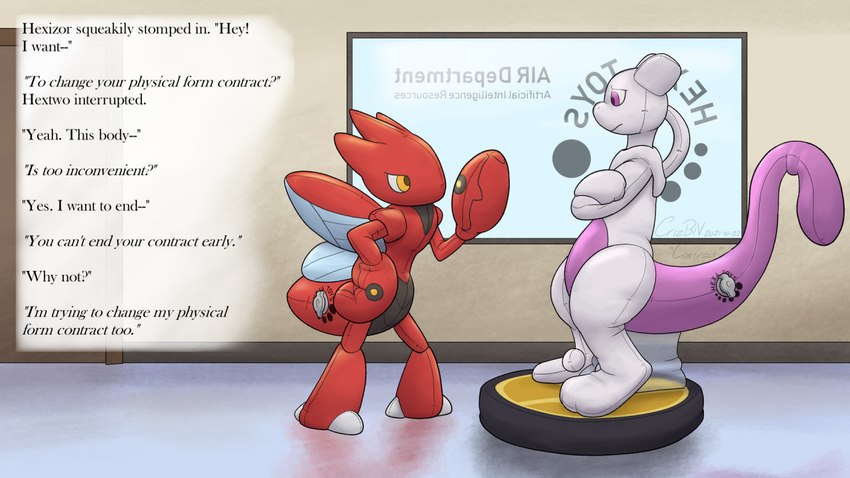 ambiguous_gender anthro black_body character_miniature dialogue duo inflatable miniature_model orange_body pink_body pink_eyes simple_background text white_body window yellow_eyes crizbn amiibo nintendo pokemon hexatoy animate_inanimate generation_1_pokemon generation_2_pokemon legendary_pokemon living_inflatable mewtwo pokemon_(species) scizor 16:9 english_text signature widescreen