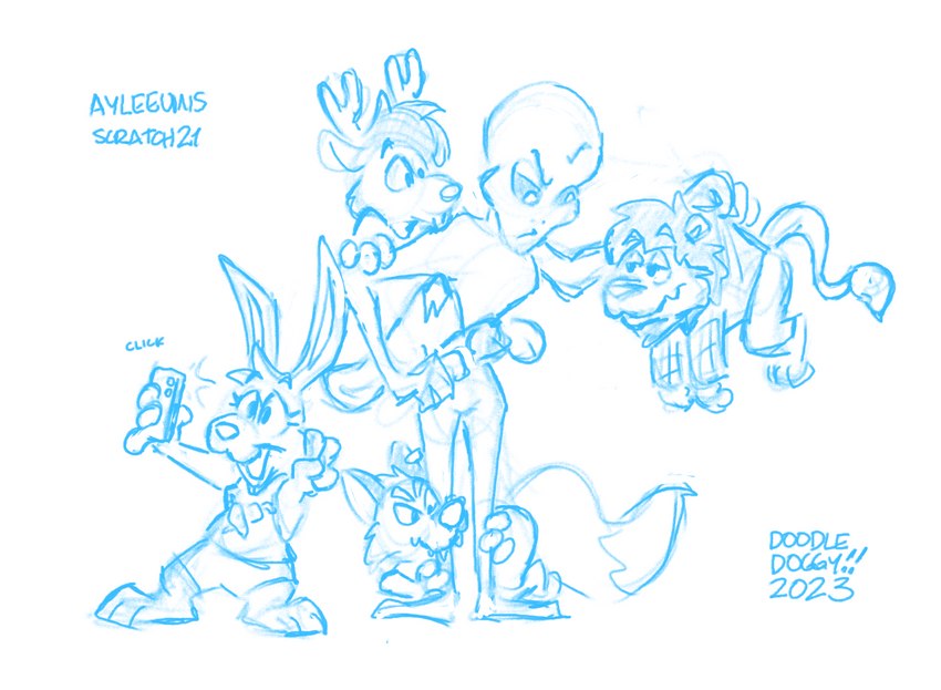 3_toes barefoot feet group hand_on_hip holding_up_other_character paws plantigrade toes toony doodledoggy scratch21 cooper_(scratch21) ed_(scratch21) matt_(scratch21) riley_(scratch21) alien alien_humanoid extraterrestrial humanoid blue_and_white clip_studio_paint_(artwork) digital_media_(artwork) hi_res monochrome sketch