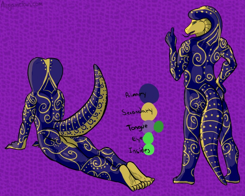 ambiguous_gender anthro looking_at_viewer looking_back looking_back_at_viewer multicolored_body multicolored_scales nude pose purple_body purple_scales rear_view scales solo standing tongue two_tone_body two_tone_scales yellow_body yellow_scales ausjamcian teraunce reptile scalie snake hi_res