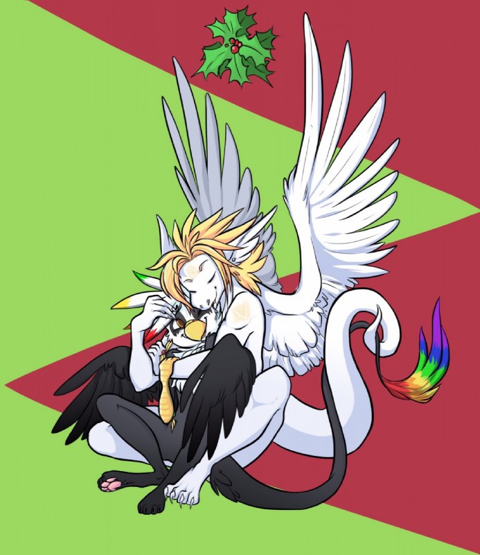 anthro beak blonde_hair cuddling duo feathered_wings feathers hair happy holly_(plant) love_bite male male/male plant romantic romantic_couple tail tail_tuft tuft wings caro_paez mythology siegfried skoop angel angel_dragon avian dragon gryphon leoketsal mythological_avian mythological_creature mythological_scalie scalie hi_res