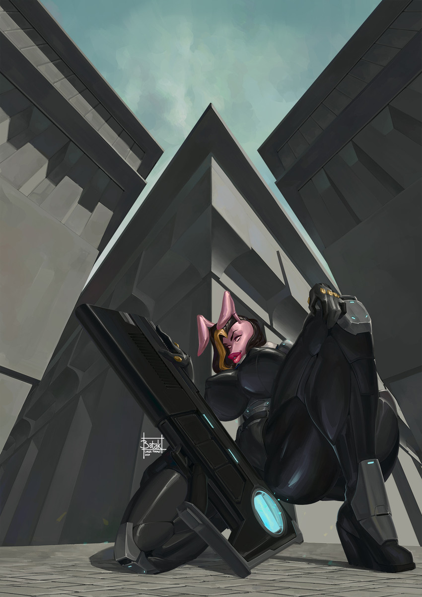 anthro armor big_breasts body_armor breasts camel_toe detailed_background female gun hair huge_breasts lips low-angle_view nipple_outline outside pink_body ranged_weapon science_fiction solo thick_lips thick_thighs weapon botak lagomorph leporid mammal rabbit 2020 hi_res