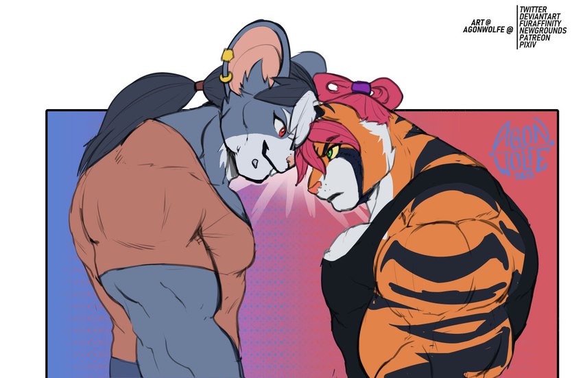 anthro big_muscles duo female hair huge_muscles hyper hyper_muscles muscular purple_hair short staredown steroids agonwolfe felid mammal murid murine pantherine rat rodent tiger