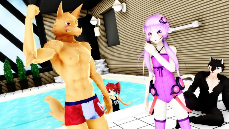 anthro black_body black_fur black_nose blush clothed clothing female flexing fur group hair happy inside male multicolored_body multicolored_fur muscular muscular_male nipples one_eye_closed open_mouth purple_hair smile swimming_pool swimming_trunks swimwear topless water white_body white_fur wink malicekira that_pool utau vocaloid darky_ryu sou_notamine teto_kasane yuzuki_yukari canid canine canis domestic_dog human mammal wolf 16:9 2018 3d_(artwork) digital_media_(artwork) mikumikudance_(artwork) widescreen