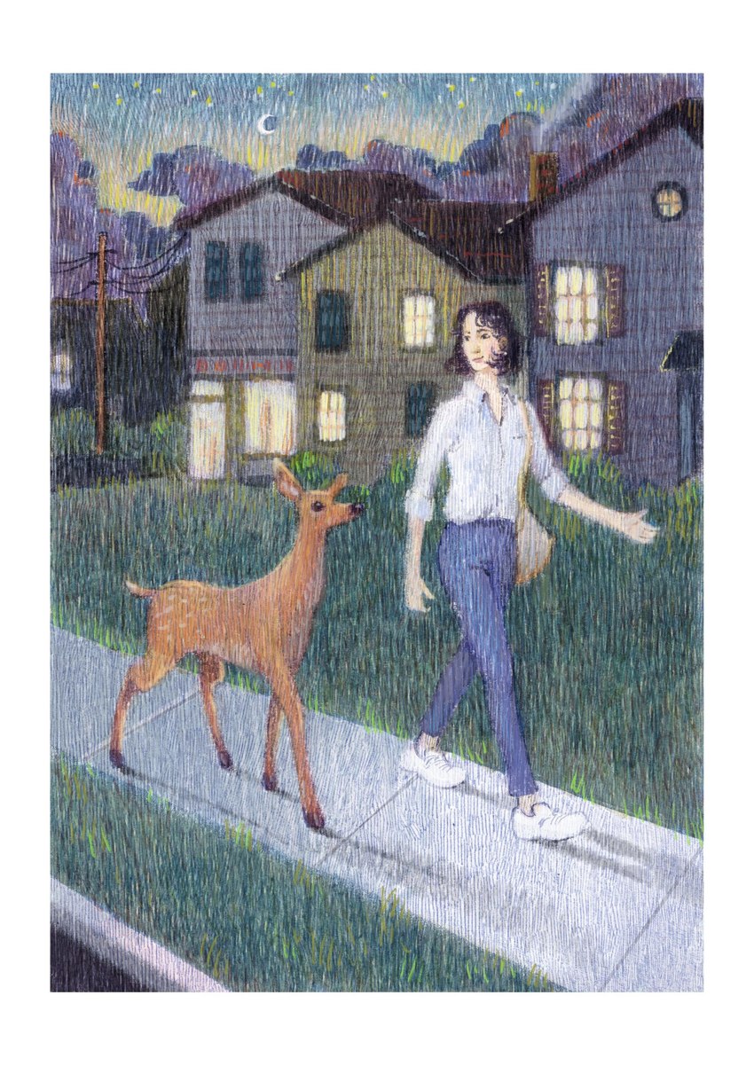 ambiguous_gender black_hair border building chimney cloud crescent_moon detailed_background duo female feral grass hair house looking_at_another moon night outside plant power_lines sidewalk star utility_pole walking white_border hsiangarts deer human mammal absurd_res comic hi_res traditional_media_(artwork)