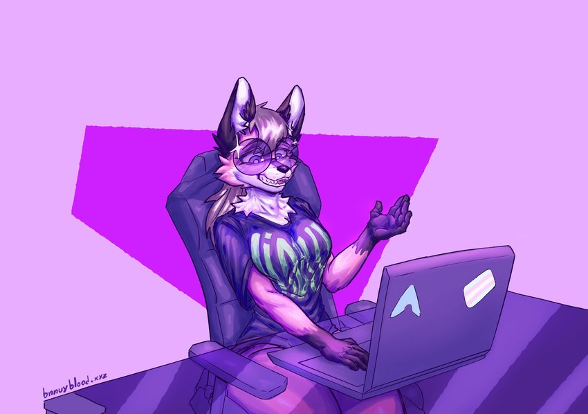 abstract_background anthro black_body black_fur blonde_hair blue_eyes breasts cheek_tuft clothed clothing computer ear_tuft electronics eyewear facial_tuft female fur gaming_chair glass_table glasses gloves_(marking) hair laptop lgbt_pride markings neck_tuft open_mouth pink_background pride_color_sticker pride_colors red_body red_fur sharp_teeth shirt simple_background sitting solo sparkles sticker t-shirt teeth text text_on_clothing topwear transgender_pride_colors tuft bnuuyblood arch_linux linux xenia_(linux) canid canine fox mammal red_fox true_fox 2022 hi_res signature trans_(lore) trans_woman_(lore)