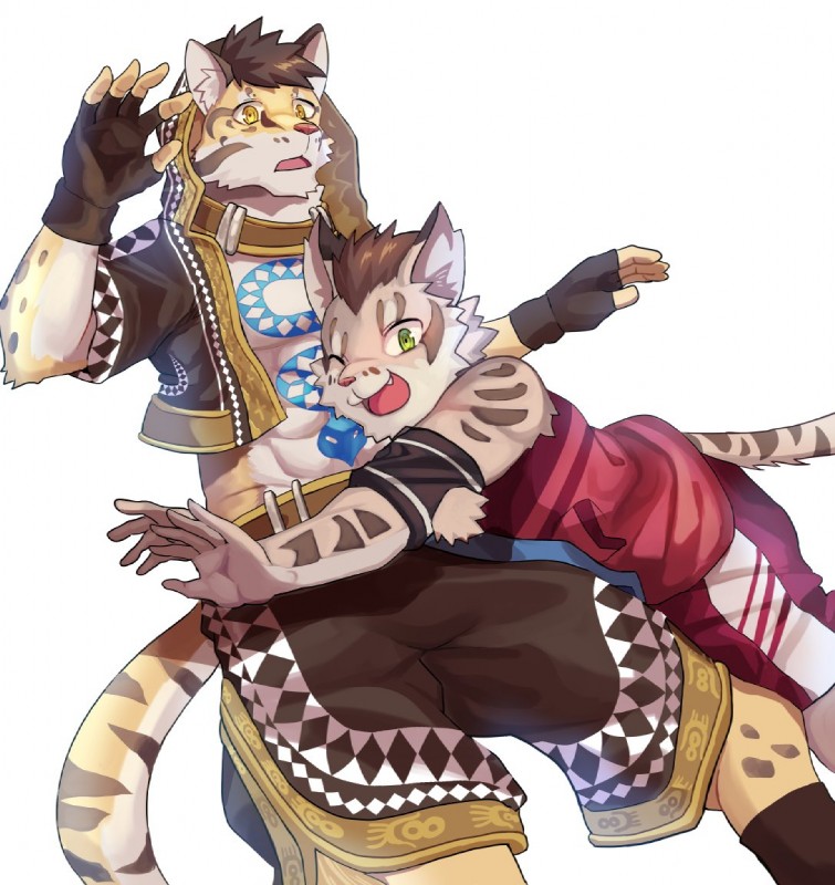 amber_eyes anthro clothed clothing countershading duo eyes_closed green_eyes male partially_clothed simple_background tattoo white_background soonico nekojishi studio_klondike likulau shu-chi clouded_leopard felid feline leopard_cat mammal pantherine prionailurus 2017