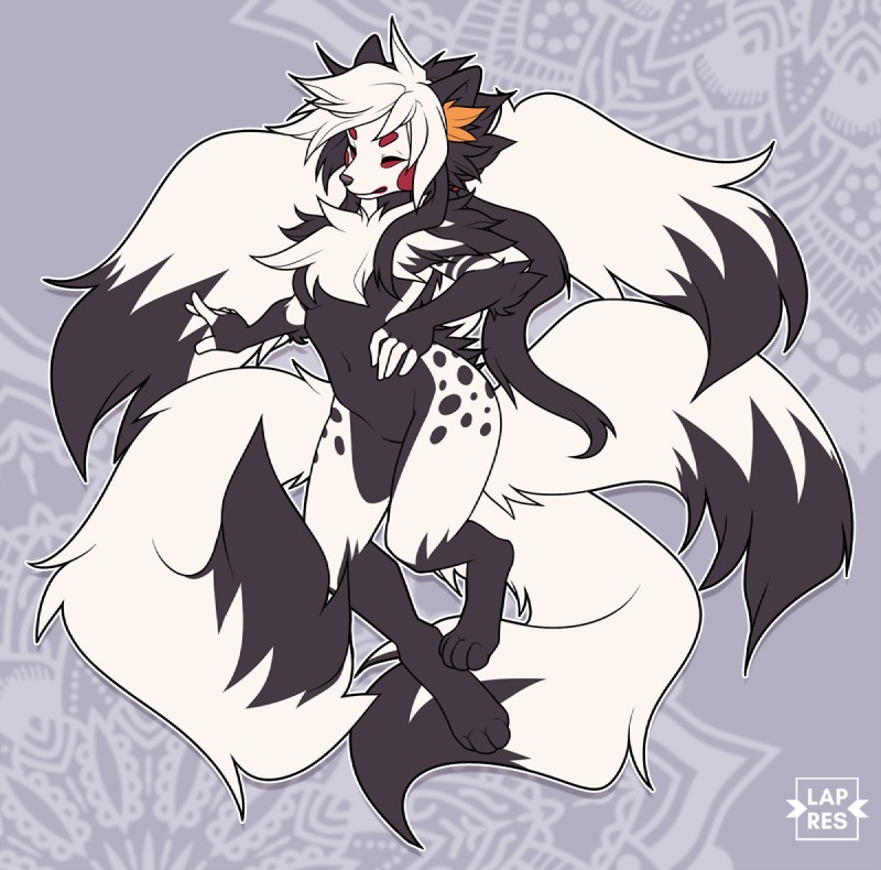 4_toes 5_fingers anthro black_body black_fur breasts featureless_breasts featureless_crotch feet female fingers fur hair multi_tail solo tail toes white_hair lapres canid canine fox mammal 2020 digital_media_(artwork)