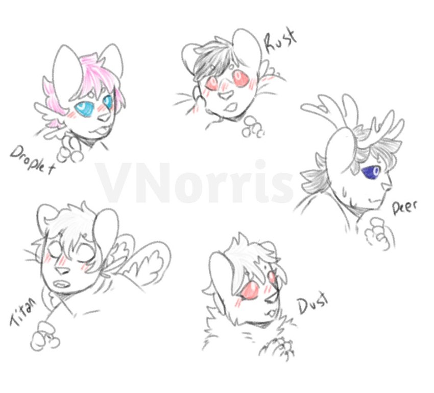 antlers black_hair blue_eyes blush blush_lines fluffy gills group hair horn paws pink_eyes pink_hair red_eyes tongue tongue_out whiskers white_eyes white_hair puppetmaster13uwu rain_world videocult humanoid hybrid slugcat slugcat_humanoid slugpup_(rainworld) sketch