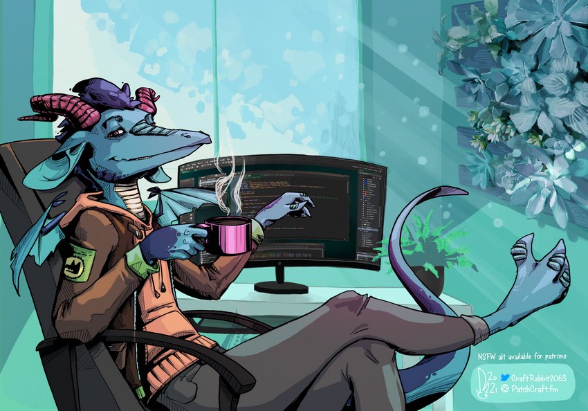 anthro beverage chair clothing coffee crossed_legs electronics fern flower furniture horn jacket male monitor office_chair plant solo tail topwear window wings craft_rabbit_(artist) patchcraft mythology dragon mythological_creature mythological_scalie scalie hi_res