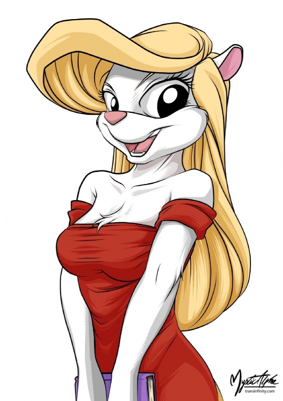 anthro black_eyes blonde_hair breasts chest_tuft clothed clothing dress female funny_post_number fur hair long_hair looking_at_viewer open_mouth pink_nose simple_background smile solo tuft white_background white_body white_fur mysticalpha animaniacs warner_brothers minerva_mink mammal mink mustelid musteline true_musteline 2013 digital_media_(artwork) hi_res