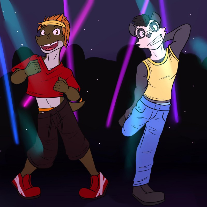 anthro anthrofied clothing crop_top dancing duo male midriff navel rave shirt tank_top topwear fuze nintendo pokemon cliff_(fuze) fossil_pokemon generation_6_pokemon pancham pokemon_(species) tyrunt 1:1 hi_res