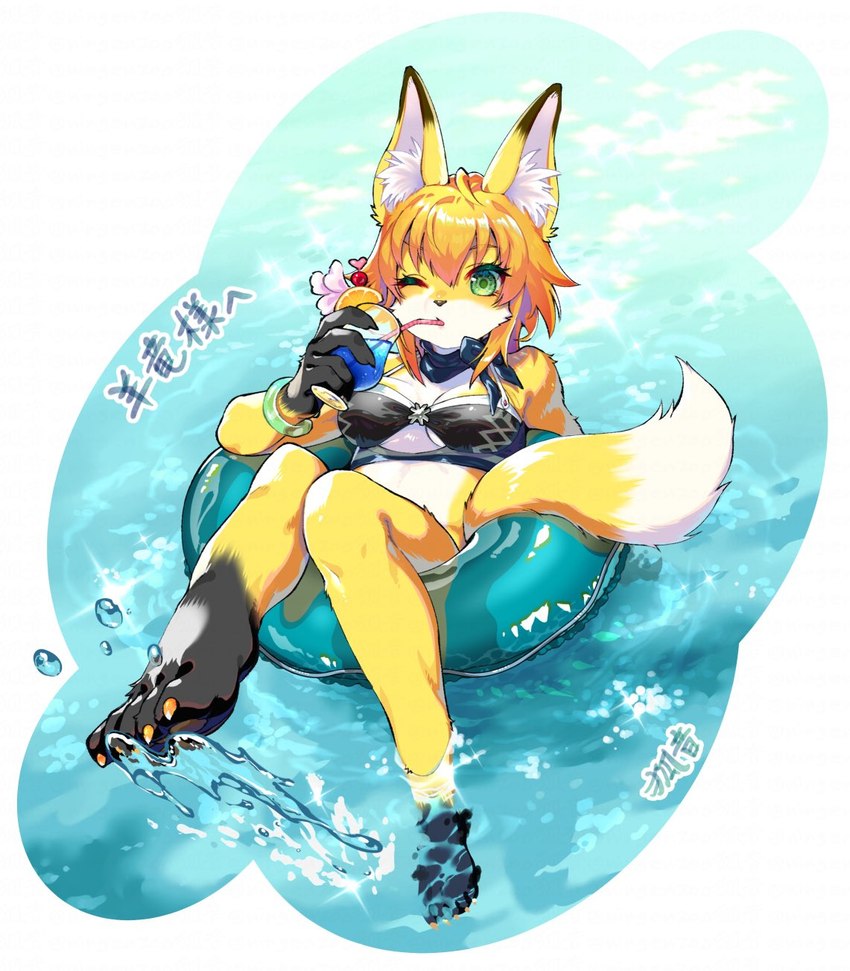 anthro bikini clothing drinking_straw female floating frutiger_aero fur green_eyes inflatable inner_tube kemono one_eye_closed orange_body orange_fur outside solo splash swimwear text tropical_drink two-piece_swimsuit water waterscape ningenzoo canid canine fox mammal 2022 hi_res japanese_text