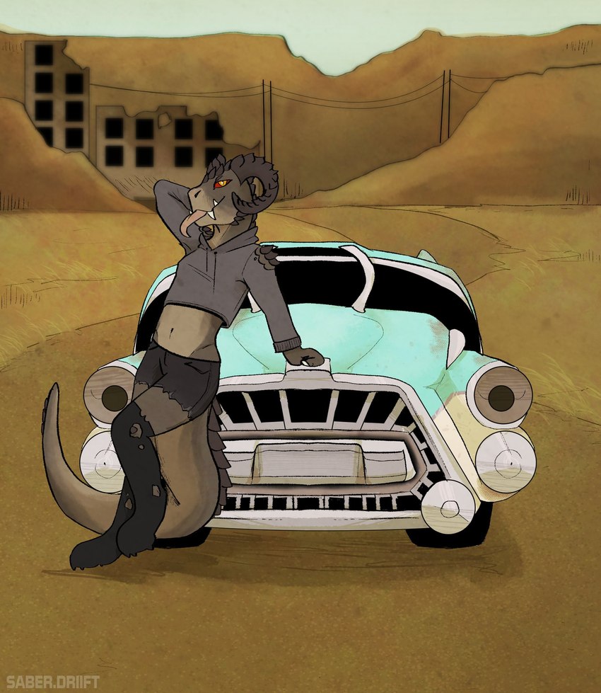 anthro anthrofied black_bottomwear black_clothing black_leggings black_legwear blue_car bottomwear car_tire claws clothing crop_top croptop_jacket curved_horn dirt_road fangs fist grey_clothing grey_jacket grey_topwear hand_on_car headlights horn jacket leaning_against_car leggings legwear long_tail looking_at_viewer male navel pockets power_lines raised_arm retro_car ruined_building scales shirt shoulder_scales sky slim snout solo tail tan_body tan_scales teeth tinted_windows tire tongue tongue_out topwear wearing_jacket wearing_leggings white_claws white_fangs yellow_eyes saberdriift fallout microsoft ashe_colter deathclaw scalie digital_media_(artwork) hi_res signature watermark