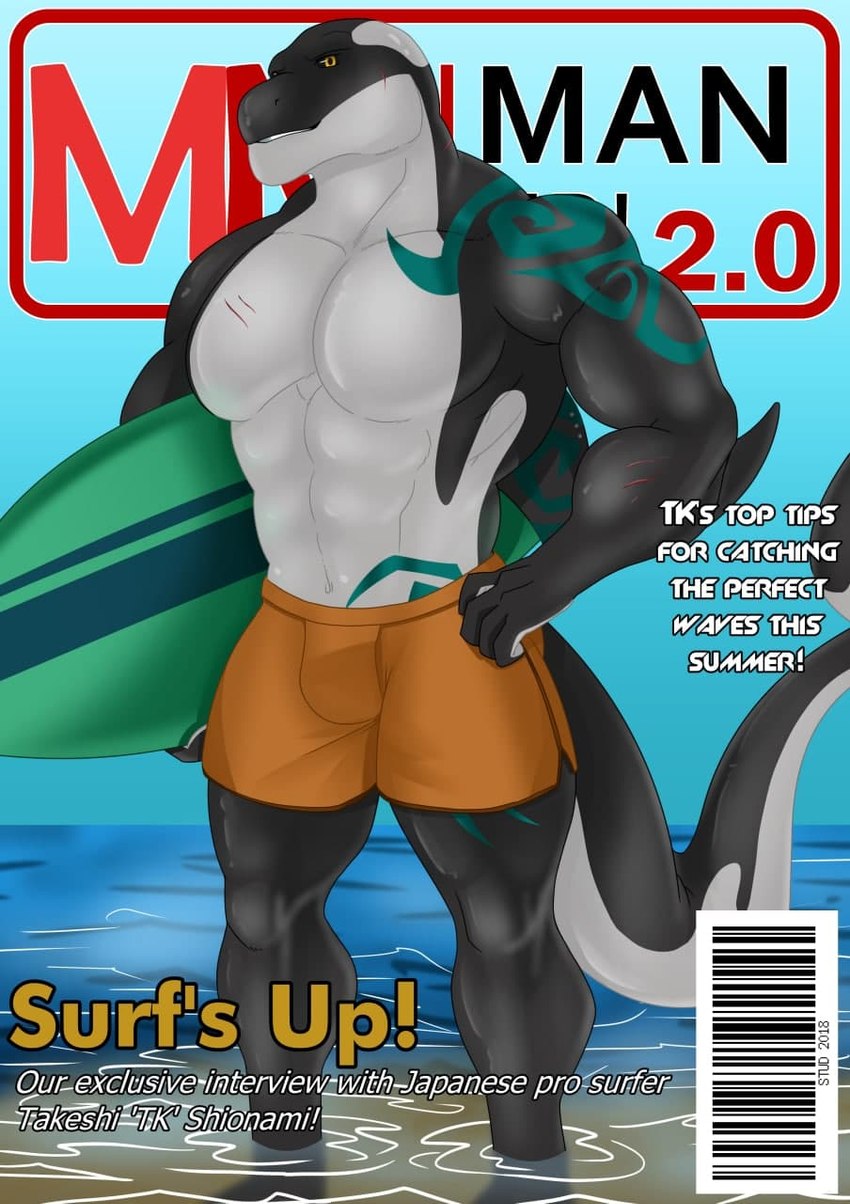 abs anthro clothed clothing fin fin_piercing furgonomics furry-specific_piercing magazine male pecs piercing pose solo surfboard surfer tattoo text alphanox takeshi_shionami cetacean dolphin mammal marine oceanic_dolphin orca toothed_whale cover english_text hi_res magazine_cover pinup