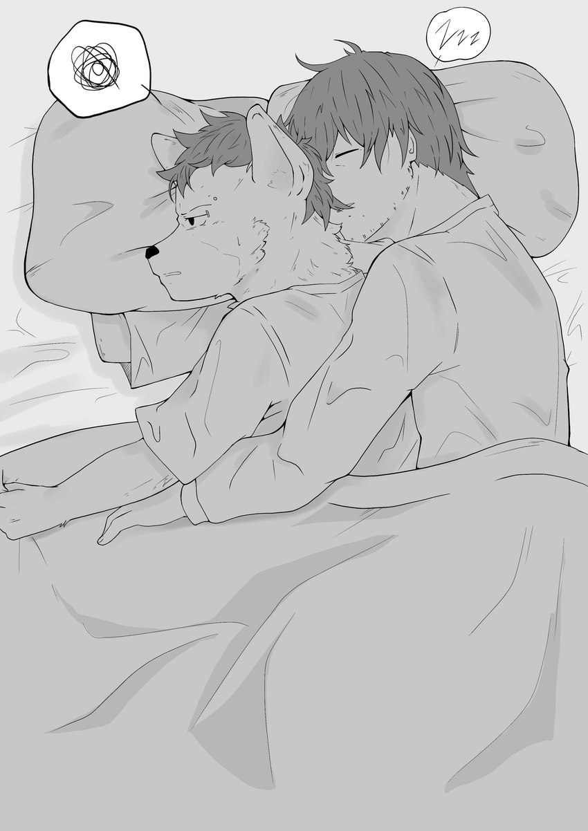 anthro bed bedding blanket clothed clothing duo furniture hug male male/male on_bed shirt sleeping topwear towel siva_inu24 arknights hypergryph studio_montagne doctor_(arknights) spot_(arknights) human hyena mammal spotted_hyena absurd_res hi_res monochrome