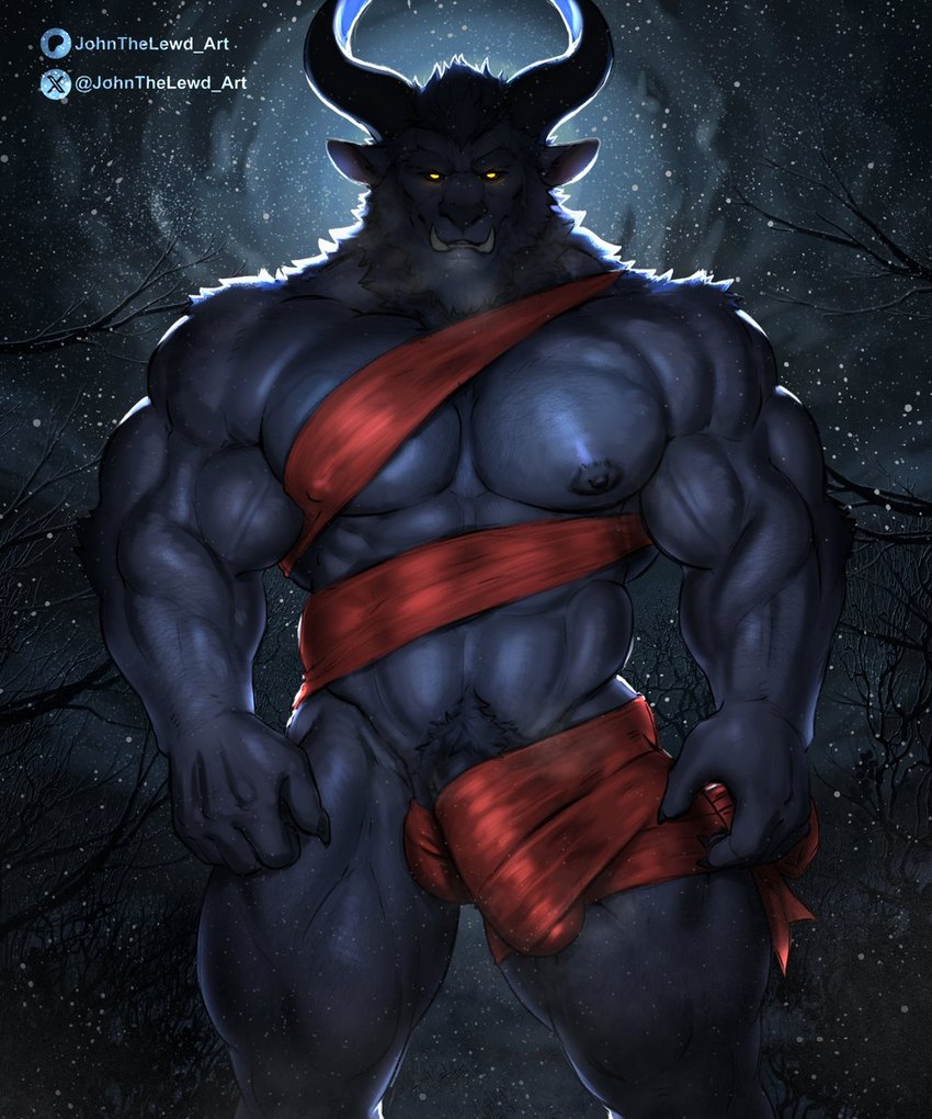 abs anthro areola balls_outline barazoku beard biceps big_bulge big_muscles branch breath bulge claws cloud dark deltoids detailed_background detailed_bulge eyebrows facial_hair front_view full_moon fur genital_outline genitals glowing glowing_eyes hair holidays horn huge_bulge huge_muscles looking_at_viewer male manly moon muscular muscular_anthro muscular_male night nipples nude pecs penis penis_base penis_outline plant quads serratus sky smile snow snowing solo standing teeth thick_arms thick_thighs tree triceps tuft vein wrappings johnthelewd_art christmas krampus bovid caprine caprine_demon demon mammal 2024 5:6 hi_res