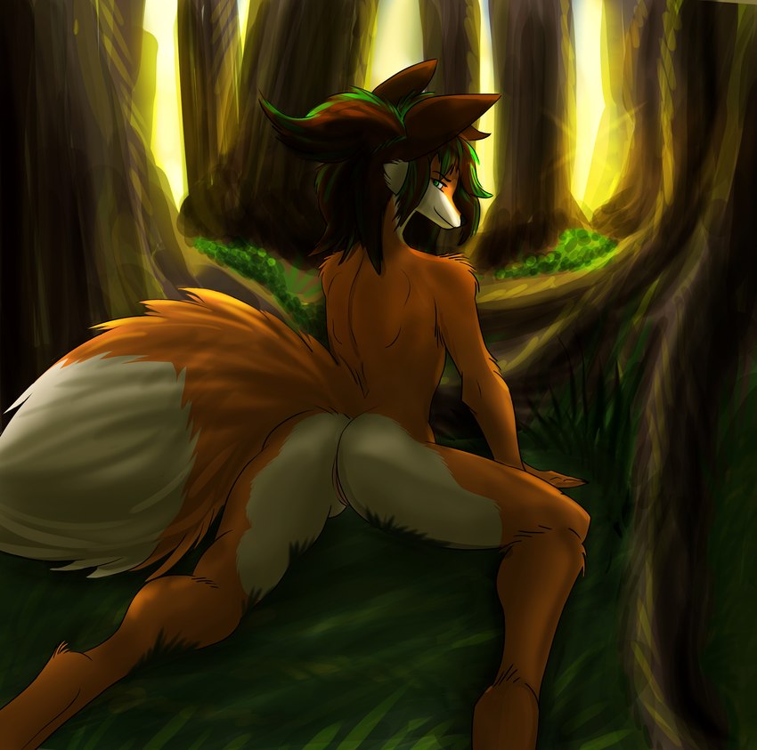 anthro brown_hair female fluffy forest forest_background fur genitals green_eyes green_hair hair light looking_at_another looking_at_viewer looking_back narrowed_eyes nature nature_background nude orange_body orange_fur plant pussy raised_tail smile solo sunlight tail tail_tuft tree tuft tinbash canid canine fox mammal absurd_res hi_res