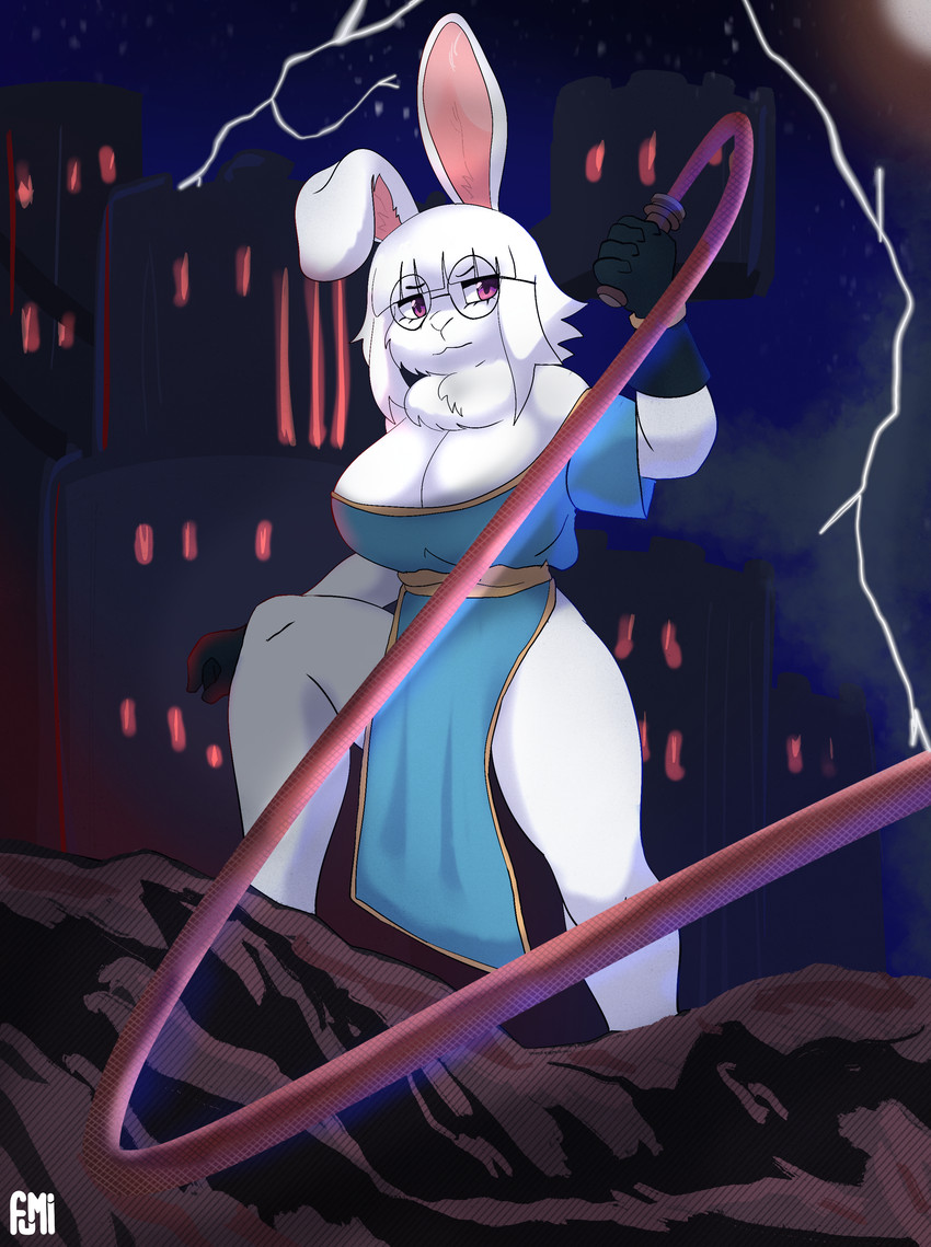 anthro big_breasts breasts castle eyewear female fur glasses moon solo thunder whip white_body white_fur fumicake castlevania konami bnuyu_(lornalla) simon_belmont lagomorph leporid mammal rabbit absurd_res hi_res