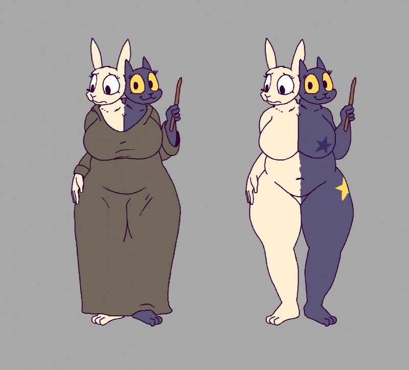 2_heads anthro big_breasts breasts clock clothing conjoined duo female magic multi_head split_personality stuck_together wand watch theyton domestic_cat felid feline felis lagomorph leporid mammal rabbit digital_media_(artwork)